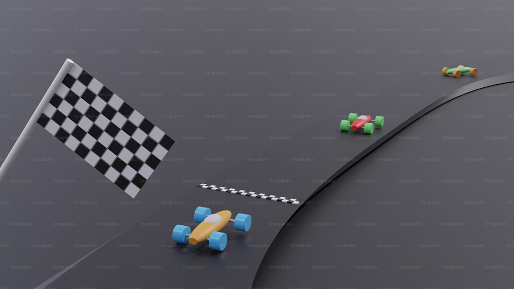 a race track with cars and a checkered flag