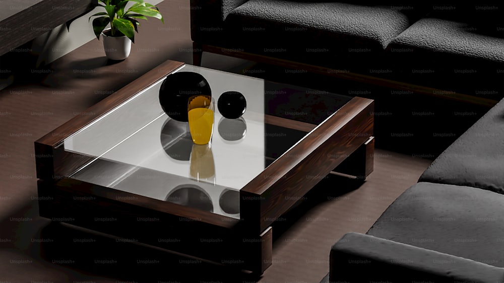 a coffee table with two vases on top of it