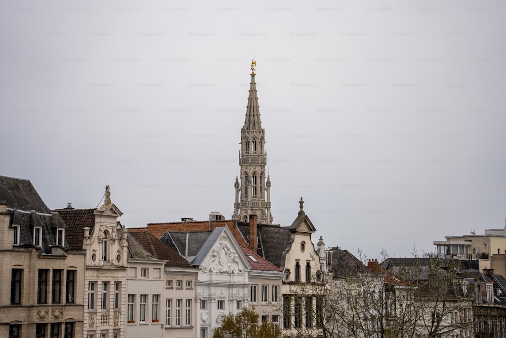 높은 �건물들로 가득한 도시 위로 우뚝 솟은 교회 첨탑