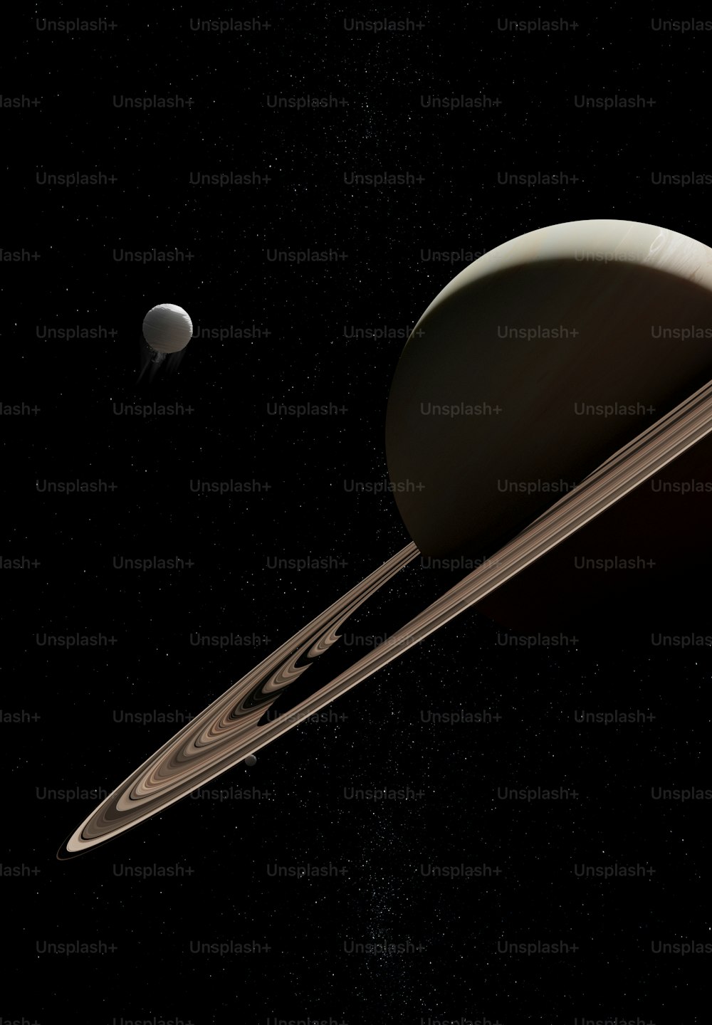 Una representación artística de Saturno y su luna