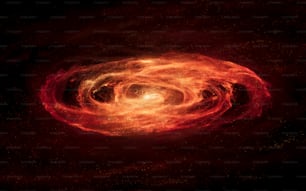 ein Schwarzes Loch mit einem roten Zentrum, umgeben von Sternen