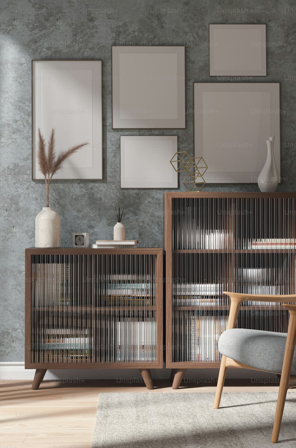 a living room with a chair and a book shelf