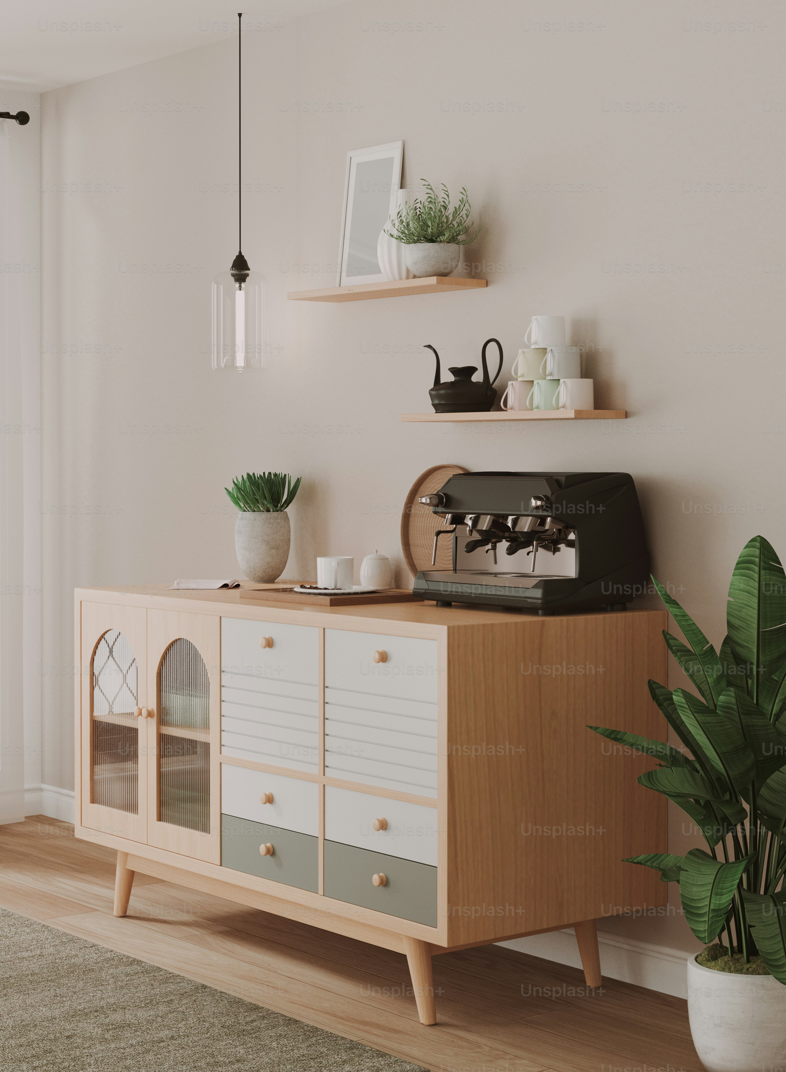a coffee machine sitting on top of a wooden cabinet