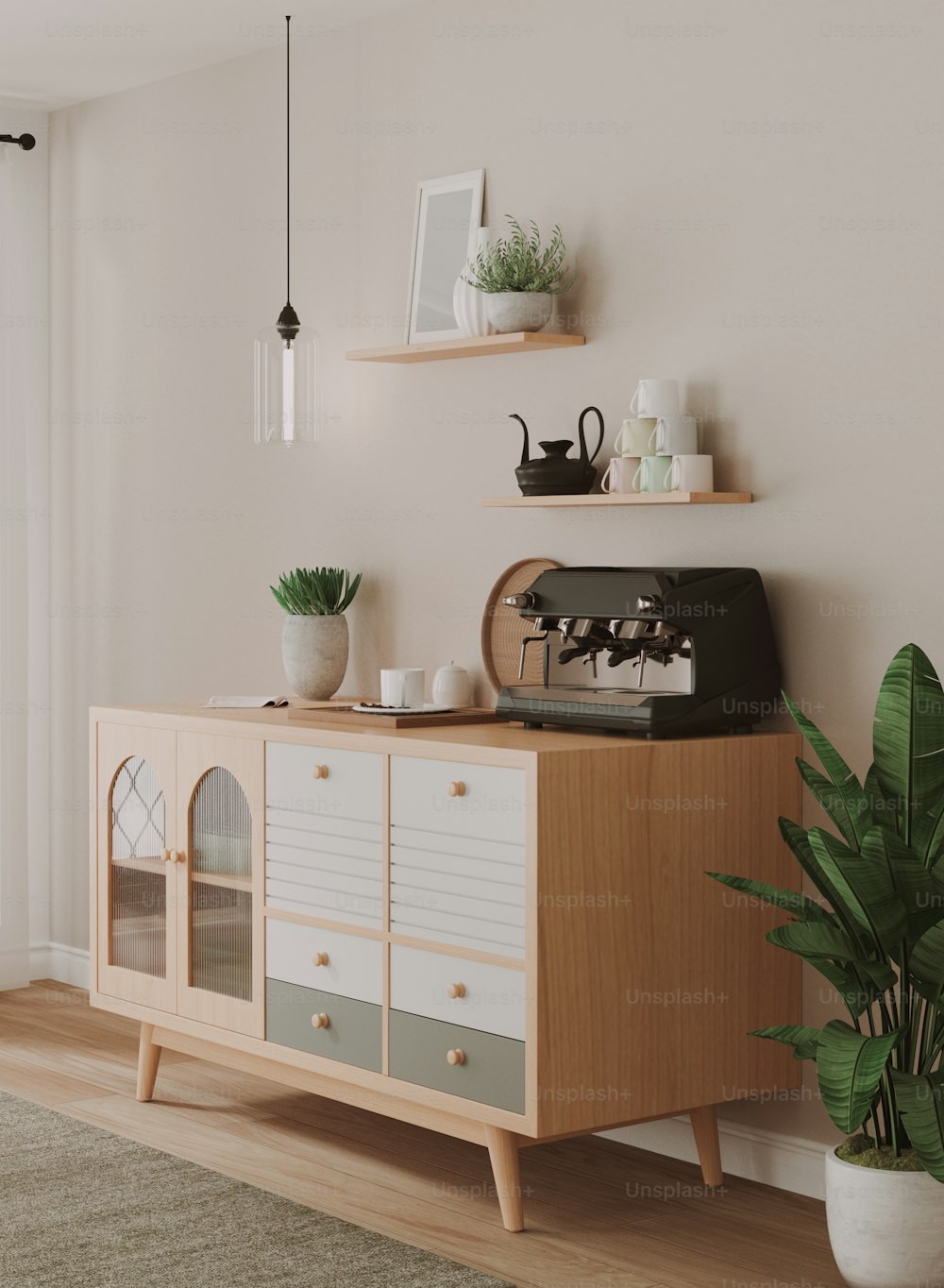 a coffee machine sitting on top of a wooden cabinet