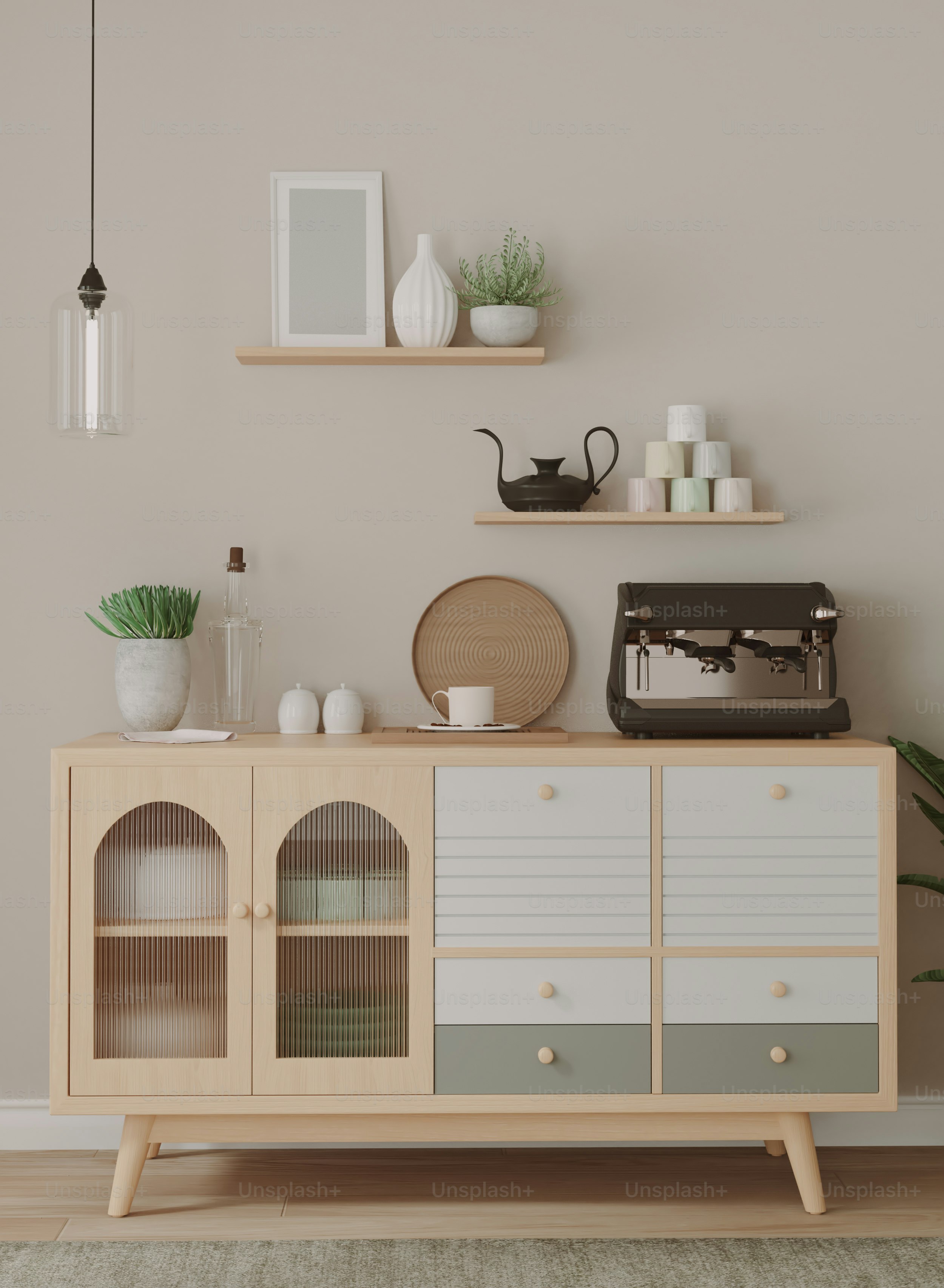 a living room with a coffee machine and shelves on the wall