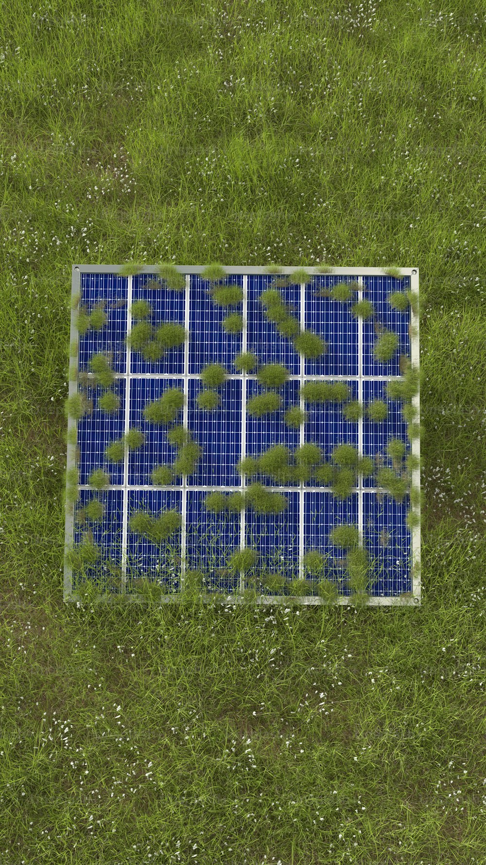 an aerial view of a solar panel in the grass