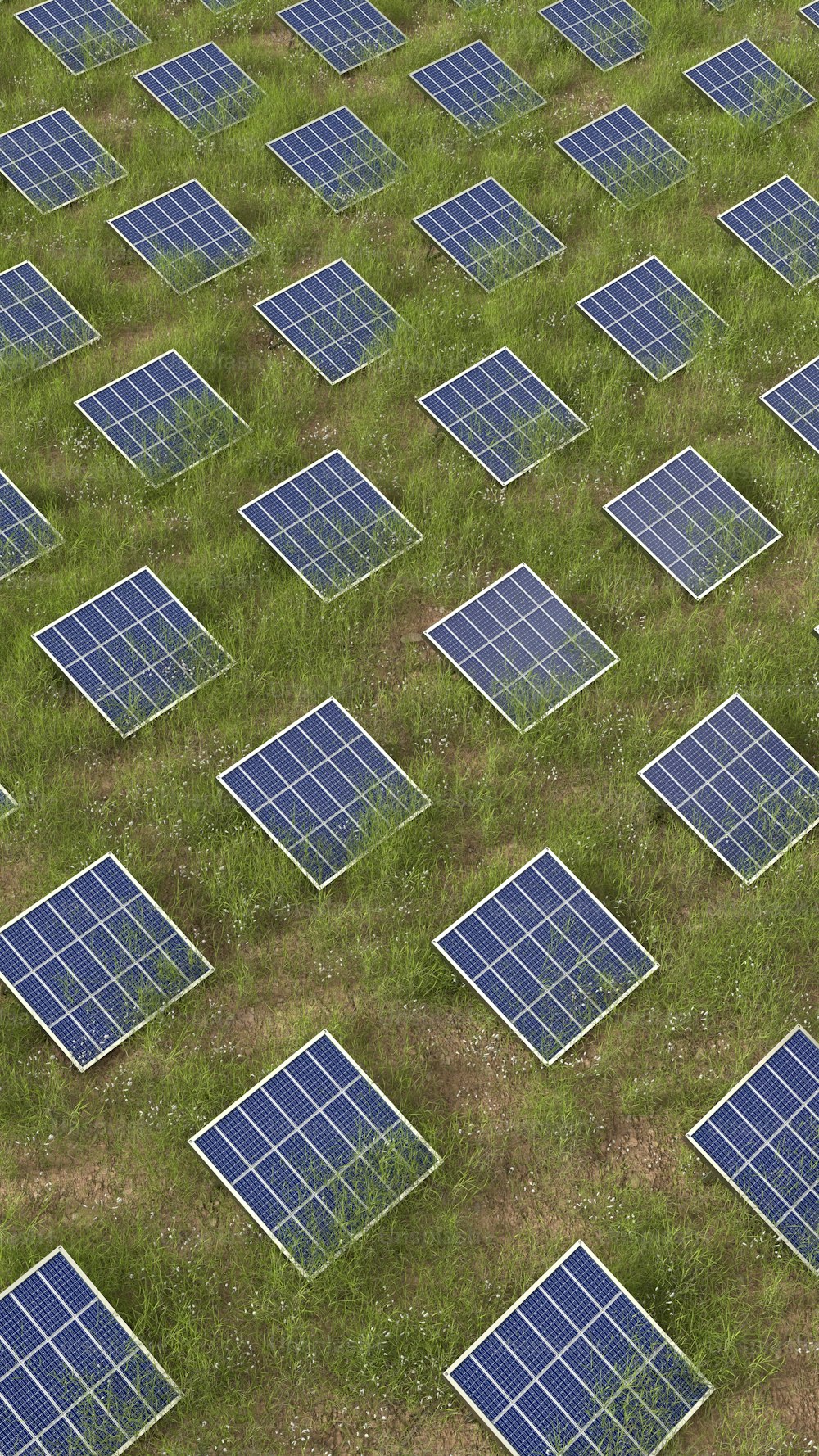 um campo cheio de painéis solares sentados em cima de um campo coberto de grama