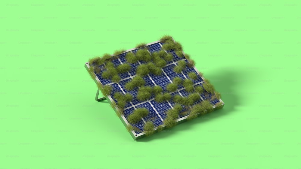 ein Solarpanel, aus dem Gras wächst