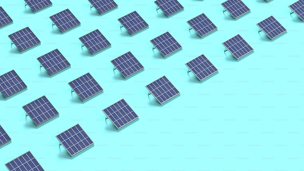 파란색 배경에 작은 태양 전지판 그룹