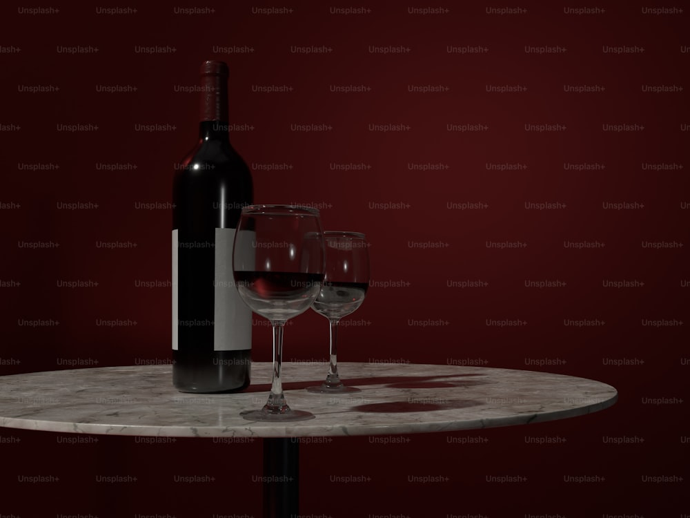 a bottle of wine and two wine glasses on a marble table