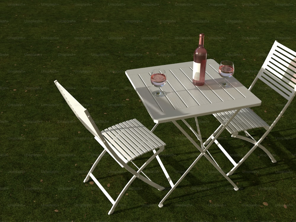 una mesa y sillas con una botella de vino