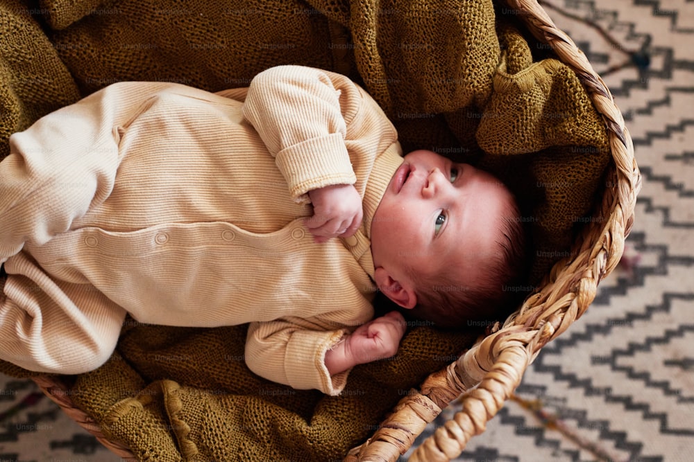 a baby laying in a basket on a rug