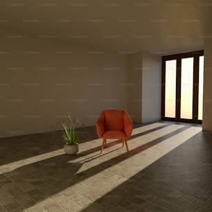 a room with a chair and a potted plant