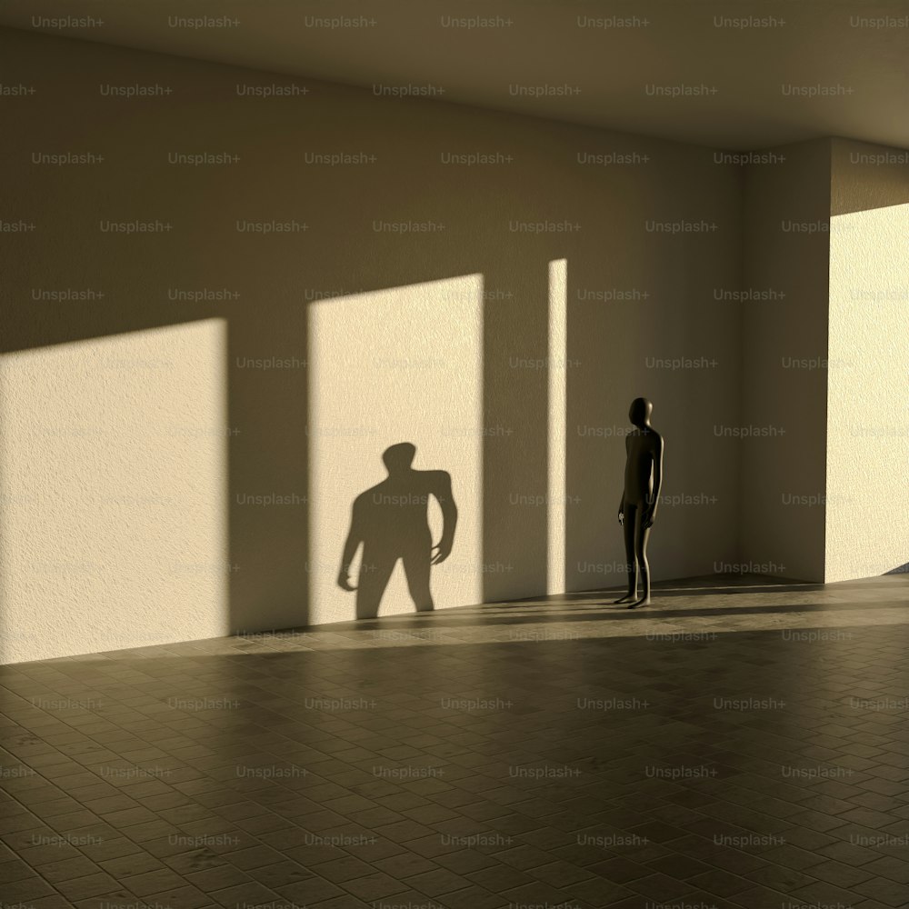 una persona in piedi in una stanza con un'ombra sul muro