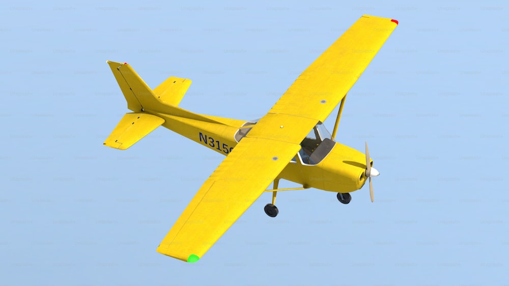 a small yellow airplane flying through a blue sky