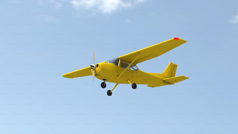 um pequeno avião amarelo voando através de um céu azul