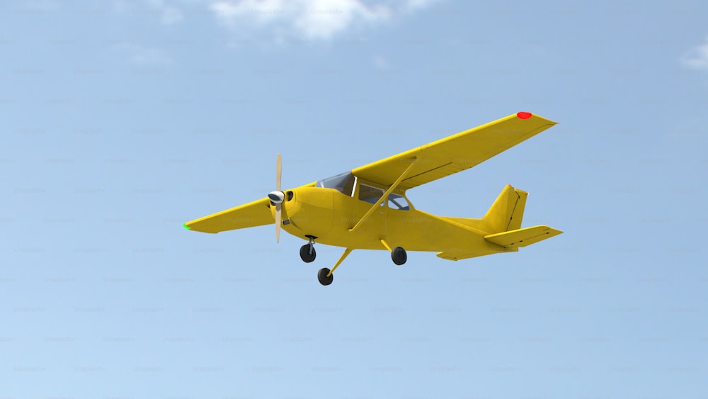 a small yellow airplane flying through a blue sky