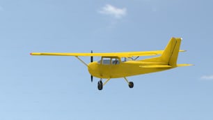 a small yellow plane flying through a blue sky