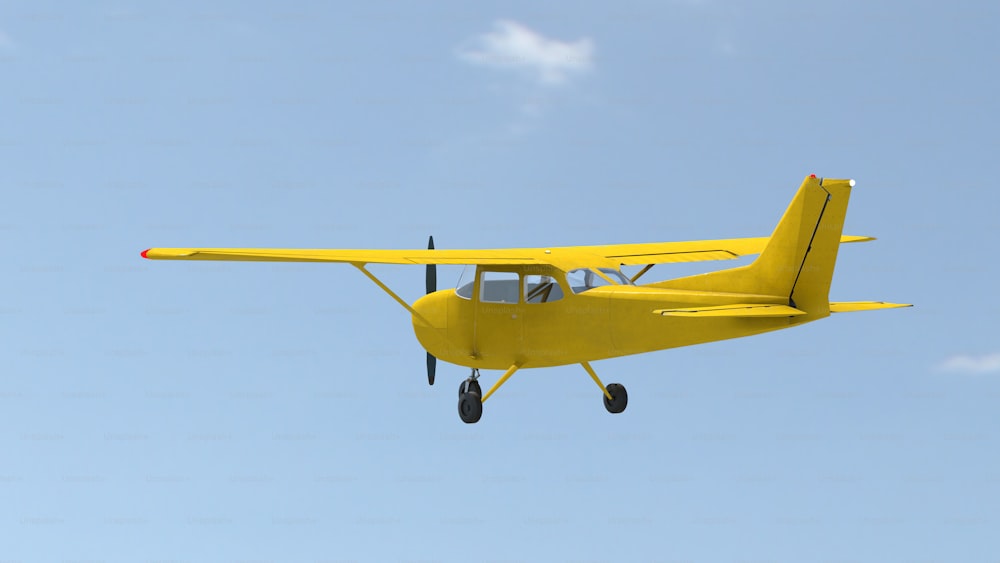 a small yellow plane flying through a blue sky