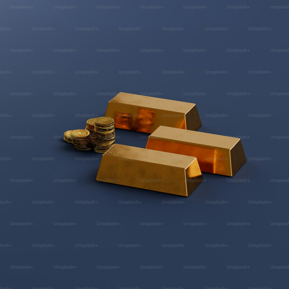 Trois piles de lingots d’or à côté d’une pile de pièces