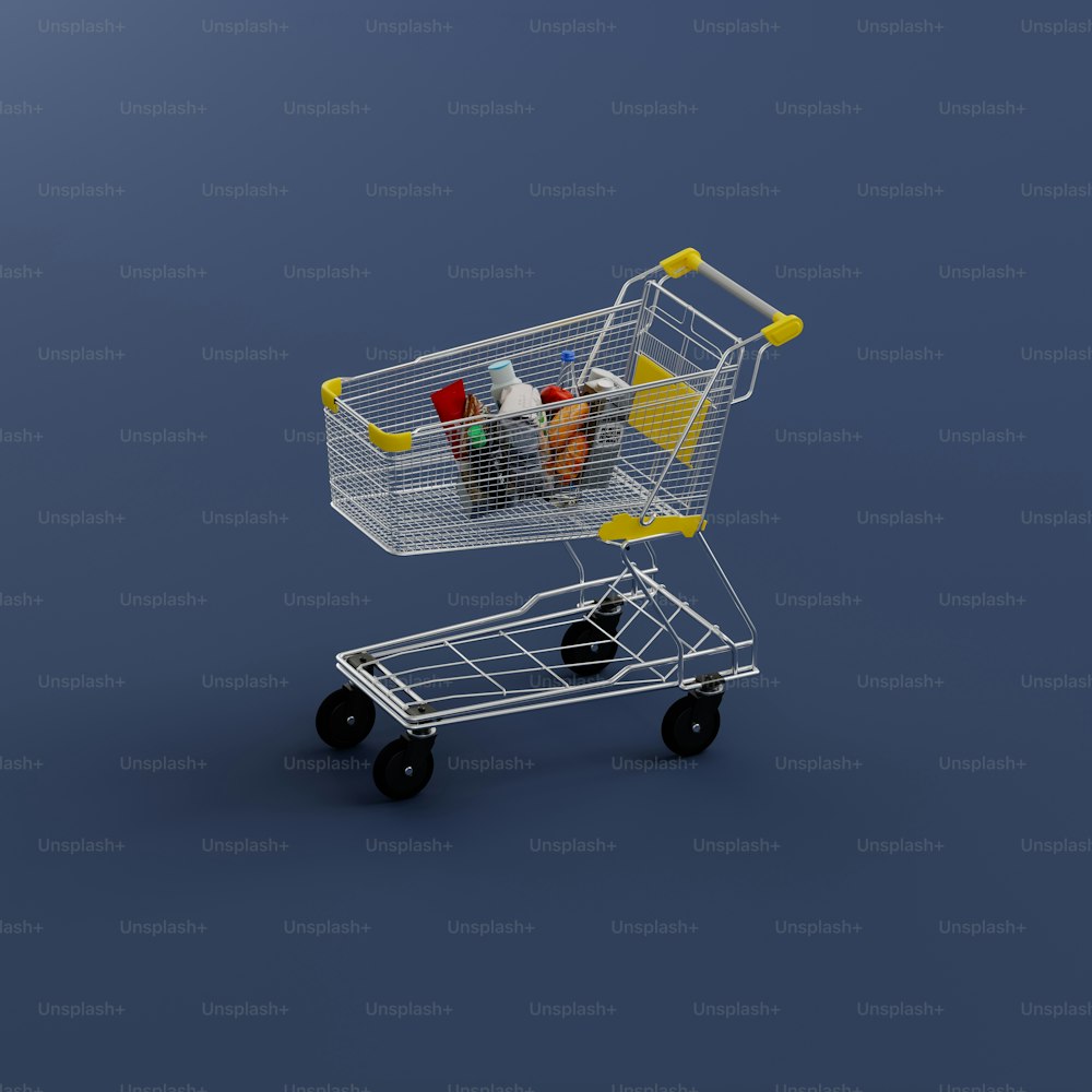 Un carrito de compras lleno de comestibles sobre un fondo azul