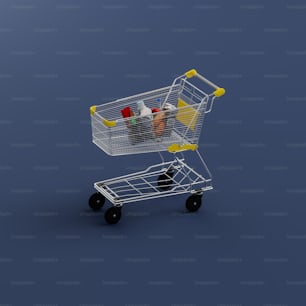 a shopping cart filled with groceries on a blue background