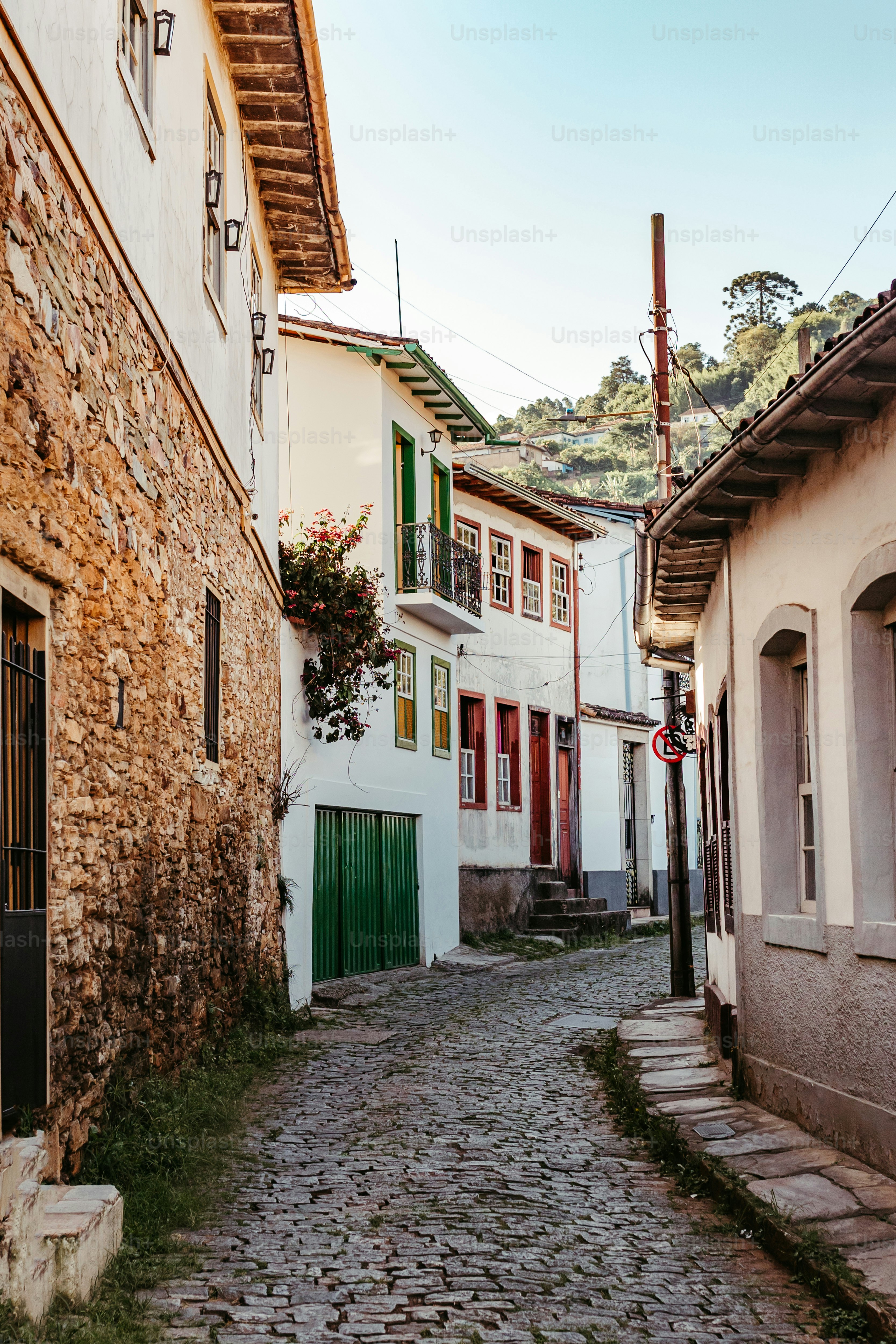 a cobblestone street in a small village
