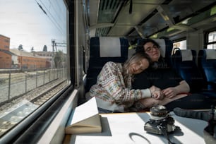 a couple of women sitting on top of a train next to a window