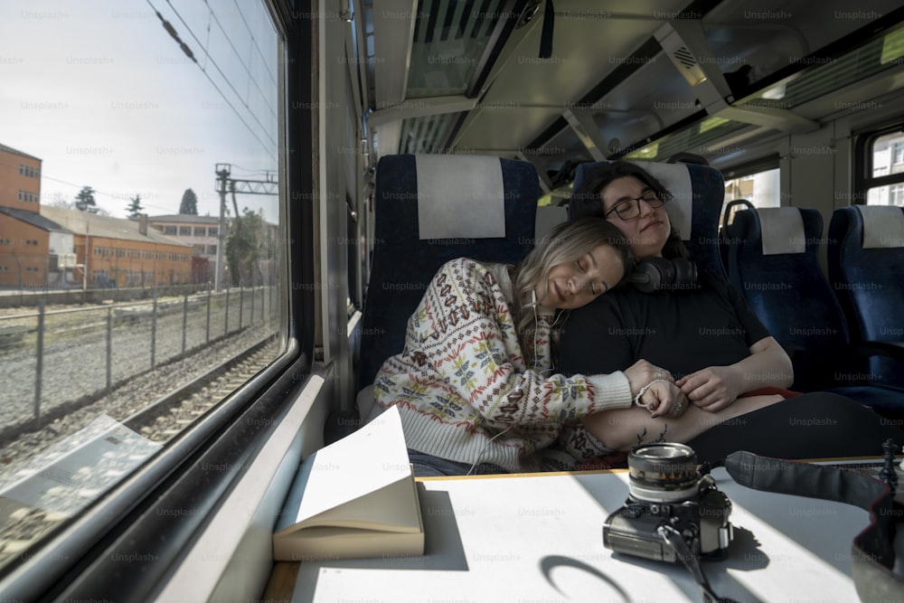 a couple of women sitting on top of a train next to a window