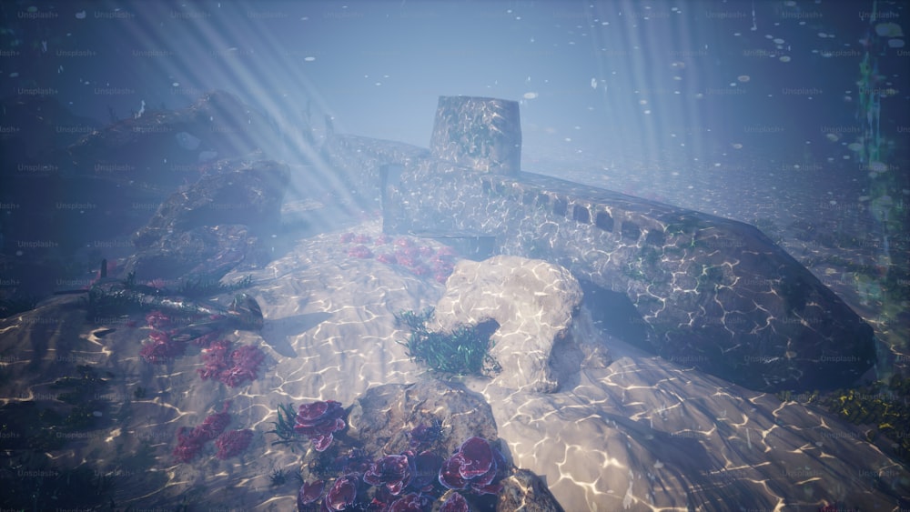eine Unterwasserszene mit einer Steinmauer und Blumen