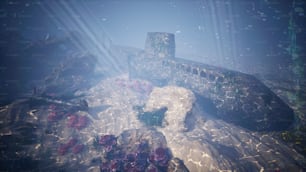 eine Unterwasserszene mit einer Steinmauer und Blumen