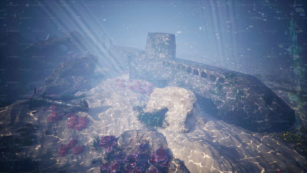 an underwater scene of a stone wall and flowers