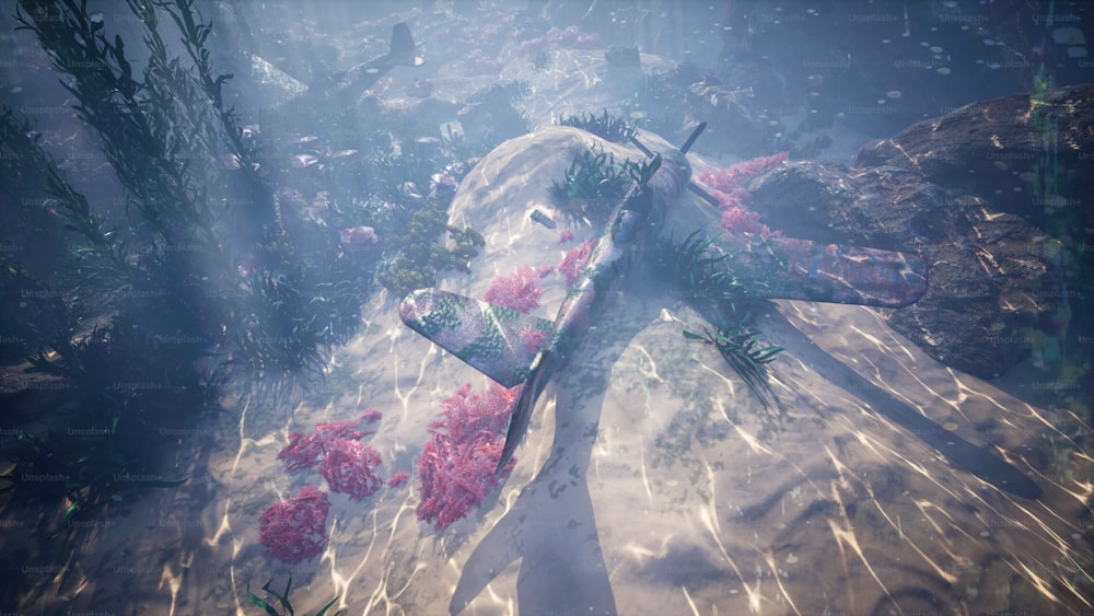 an underwater scene of a woman in a white dress