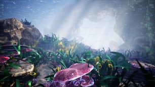 an underwater scene of a coral and seaweed