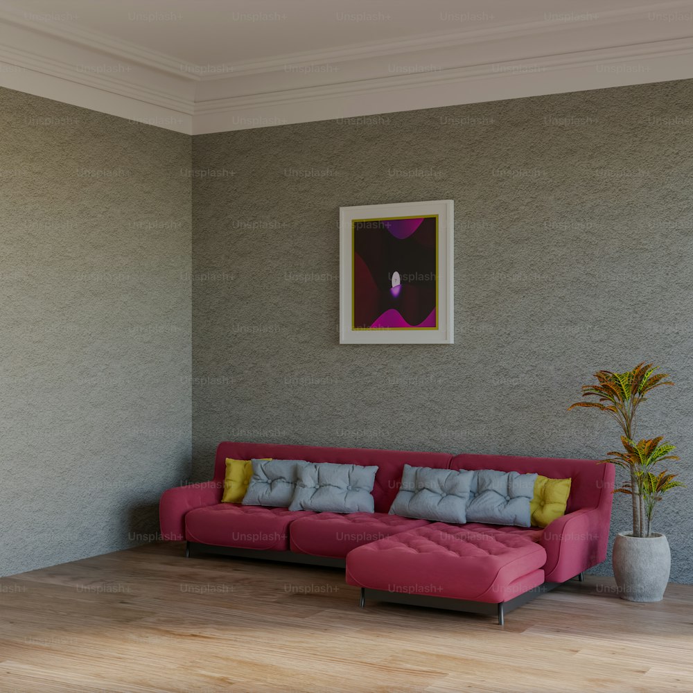 ein Wohnzimmer mit einer roten Couch und einer Topfpflanze