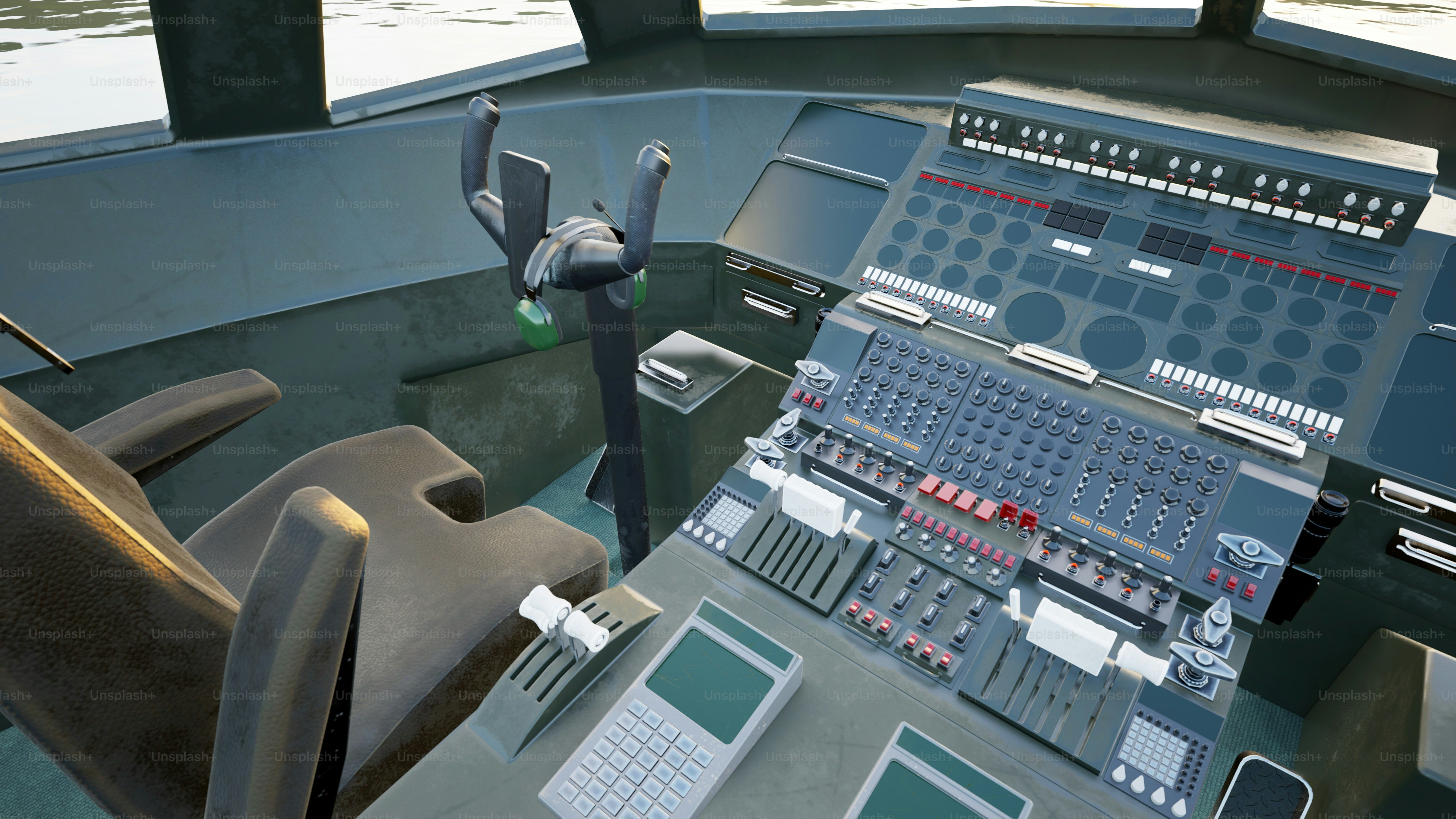 a control panel in a boat with a steering wheel