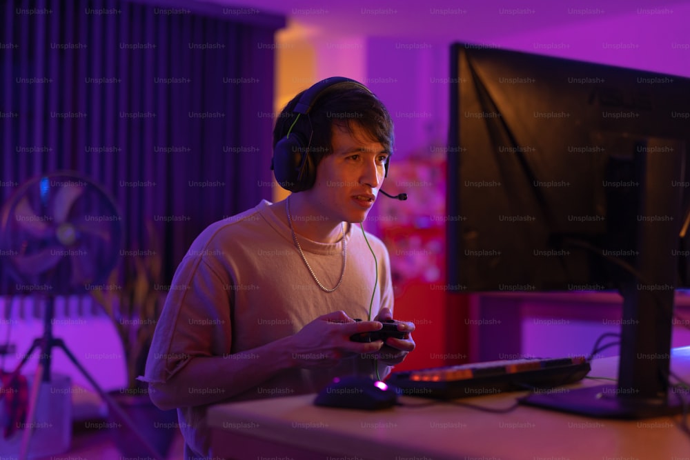 a man wearing a headset is playing a video game