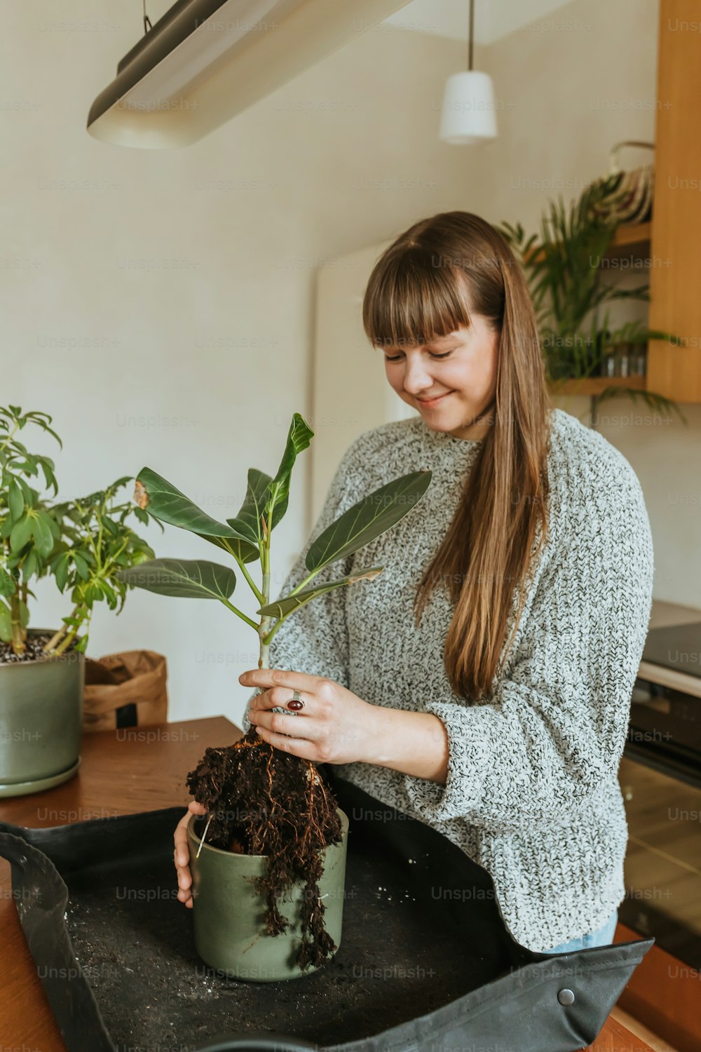 a woman is holding a plant in a pot