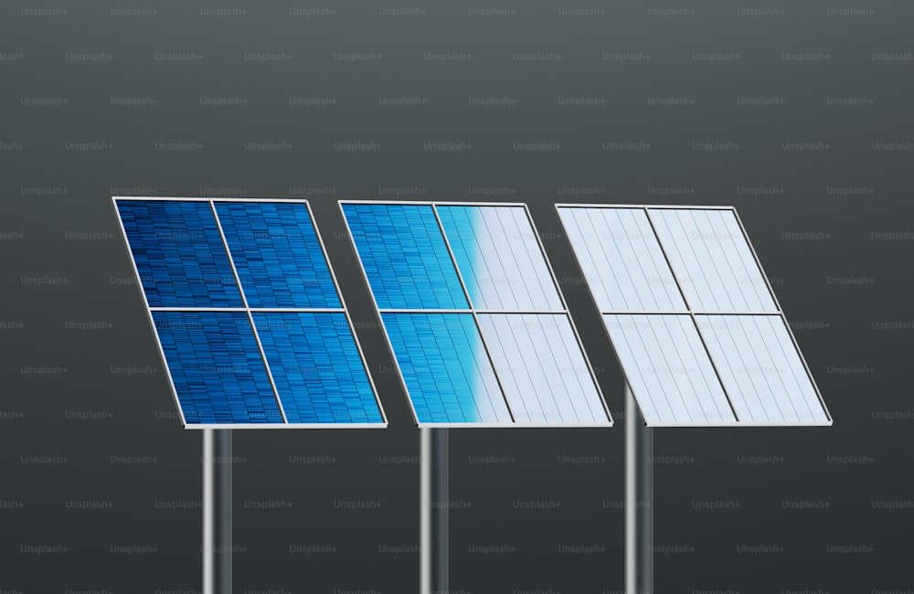 una fila di tre pannelli solari seduti uno accanto all'altro