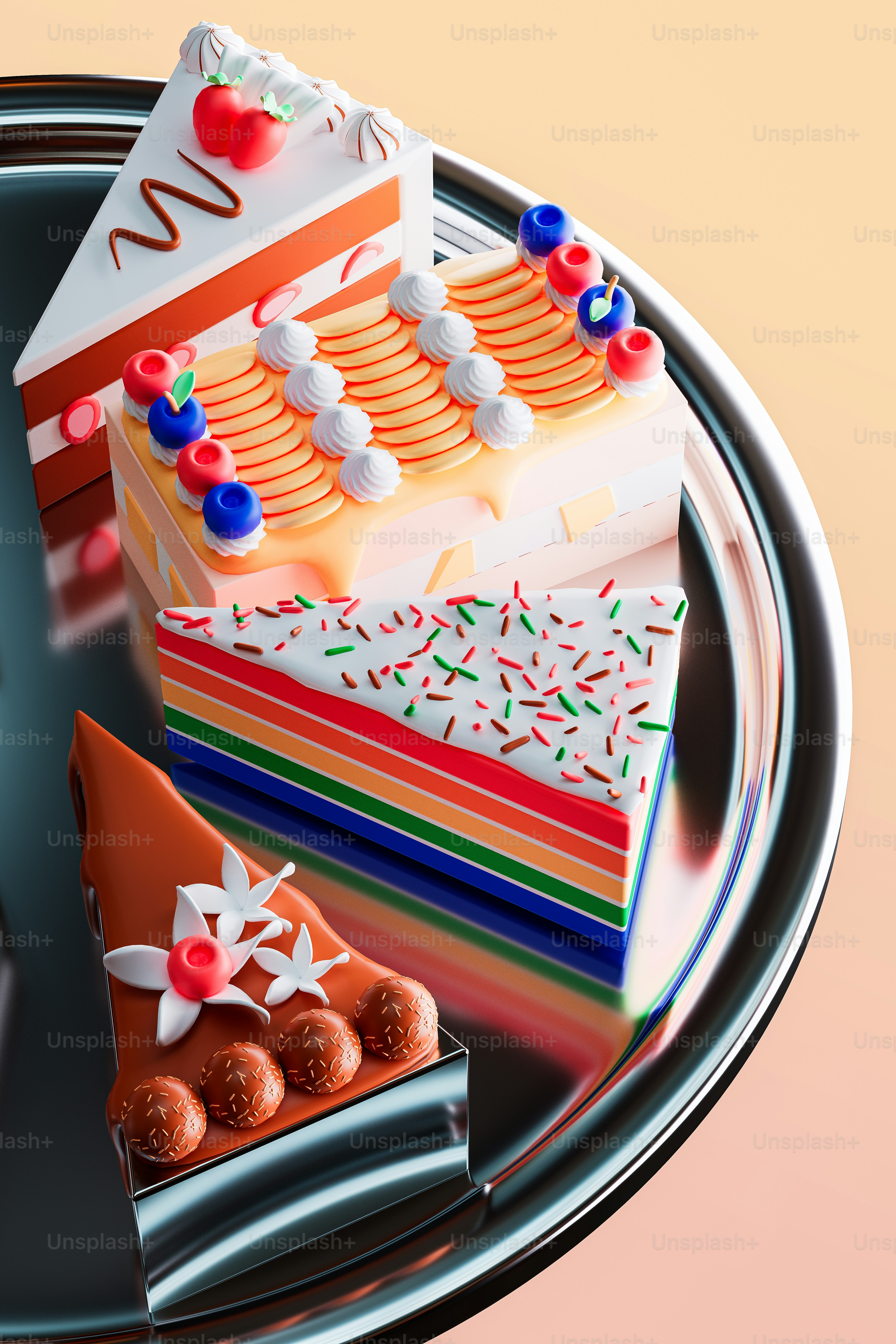 Half of a plate with colorful slices of cake.