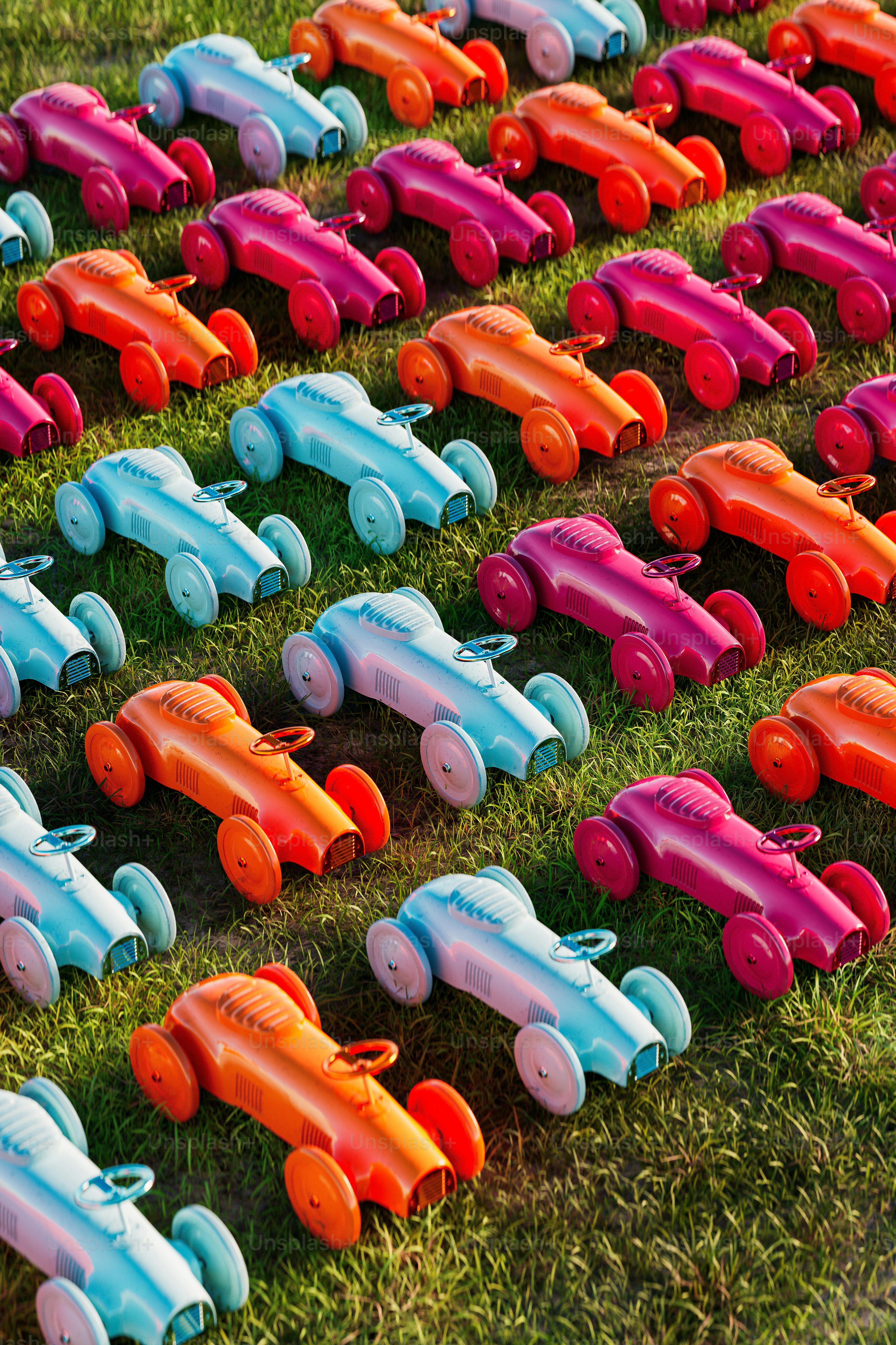 a row of toy cars sitting on top of a lush green field