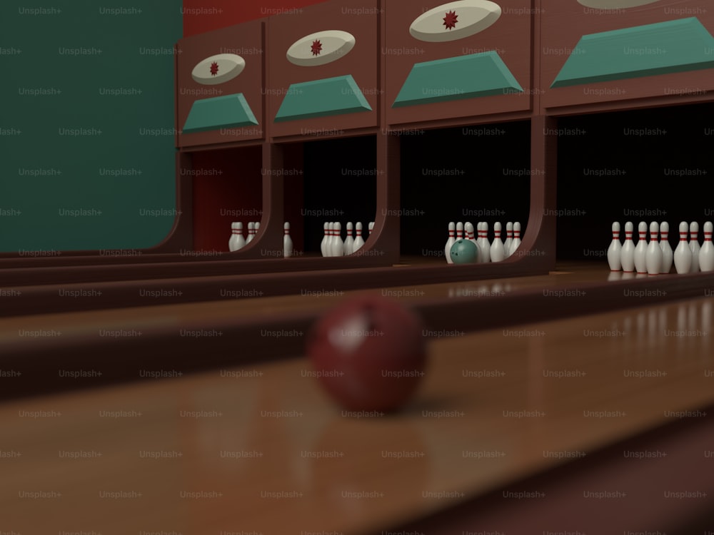 une piste de bowling remplie de boules de bowling et d’quilles de bowling