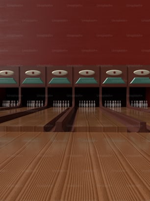 a row of bowling pins sitting on top of a wooden floor