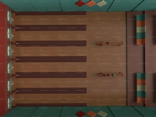 uma vista aérea de um quarto com piso de madeira