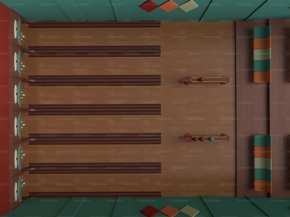 an overhead view of a room with wooden floors