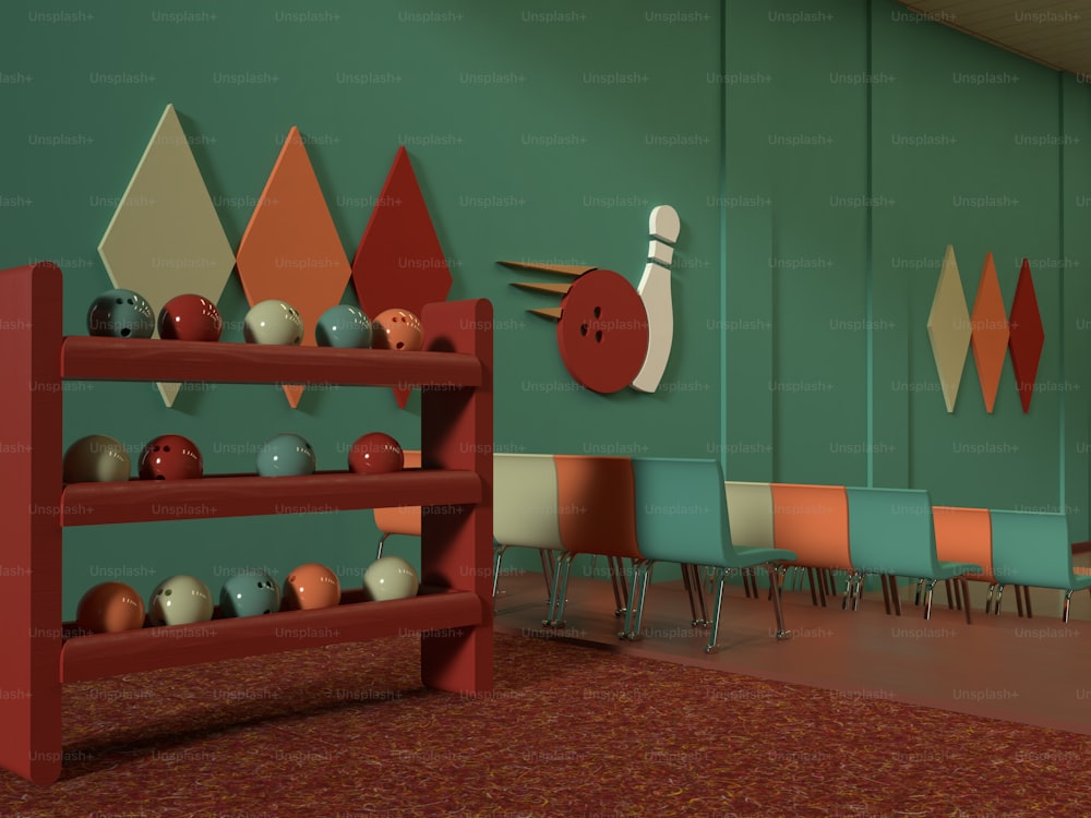 a bowling alley with bowling pins and bowling balls