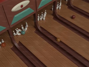 a bunch of bowling pins sitting on top of a wooden floor