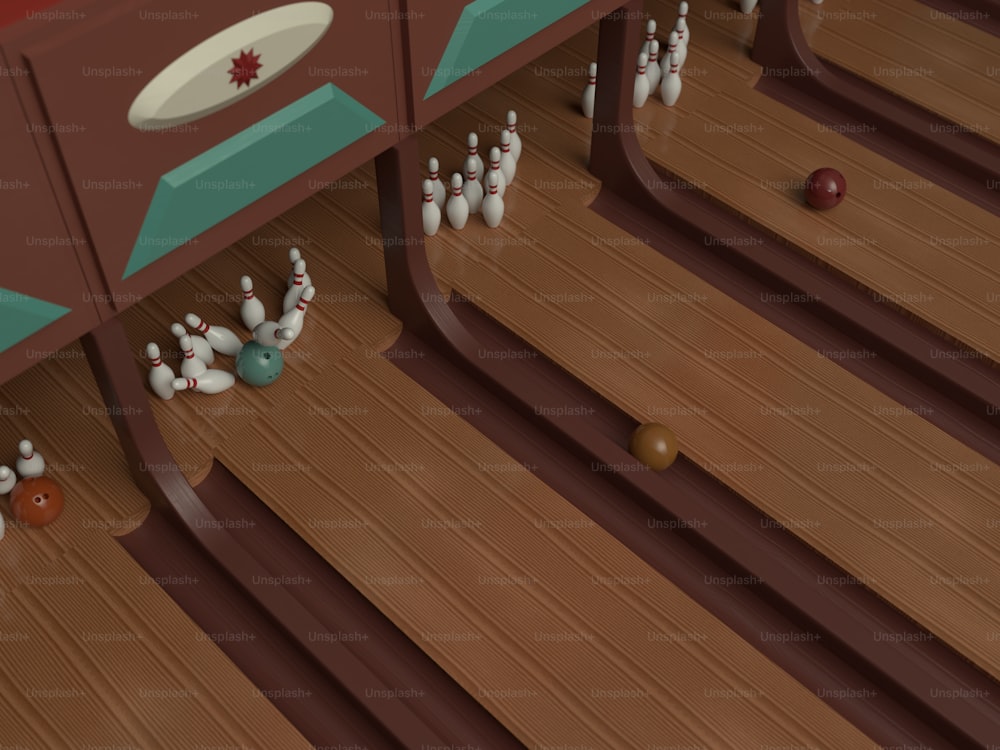 a bunch of bowling pins sitting on top of a wooden floor