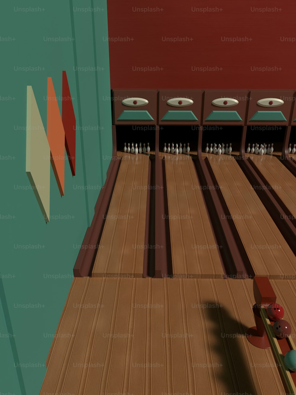 a computer generated image of a bowling alley