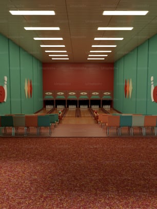 a bowling alley with tables and chairs in it